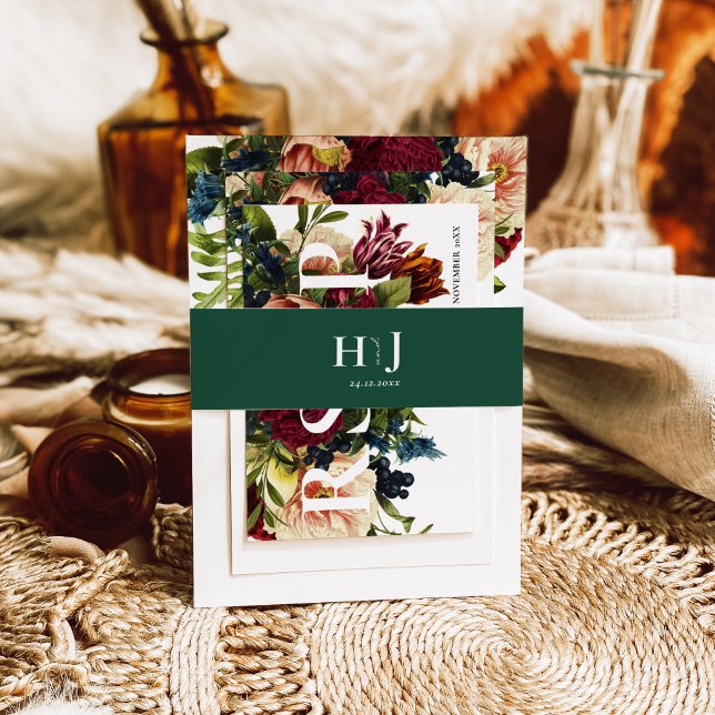 Monogram Moody Burgundy Emerald green Wedding  Invitation Belly Band (Creator Uploaded)