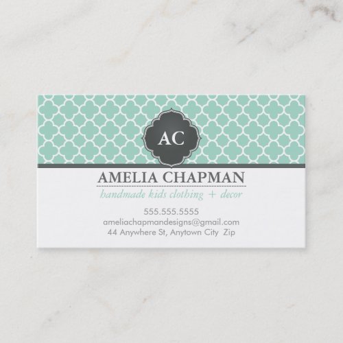 MONOGRAM morrocan tile pattern mint green grey Business Card