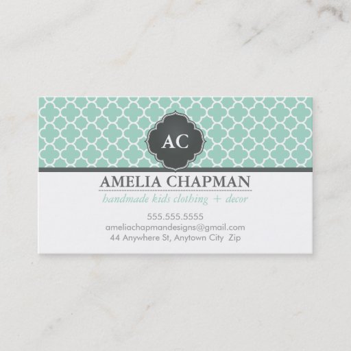 Customizable MONOGRAM morrocan tile pattern mint green grey Business Card