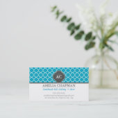MONOGRAM morrocan tile pattern turquoise blue grey Business Card (Standing Front)