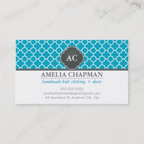 MONOGRAM morrocan tile pattern turquoise blue grey Business Card