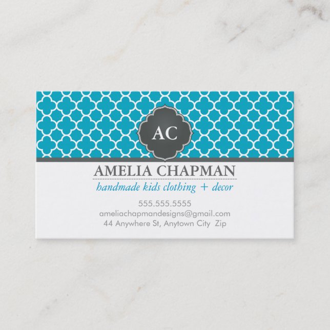 MONOGRAM morrocan tile pattern turquoise blue grey Business Card (Front)