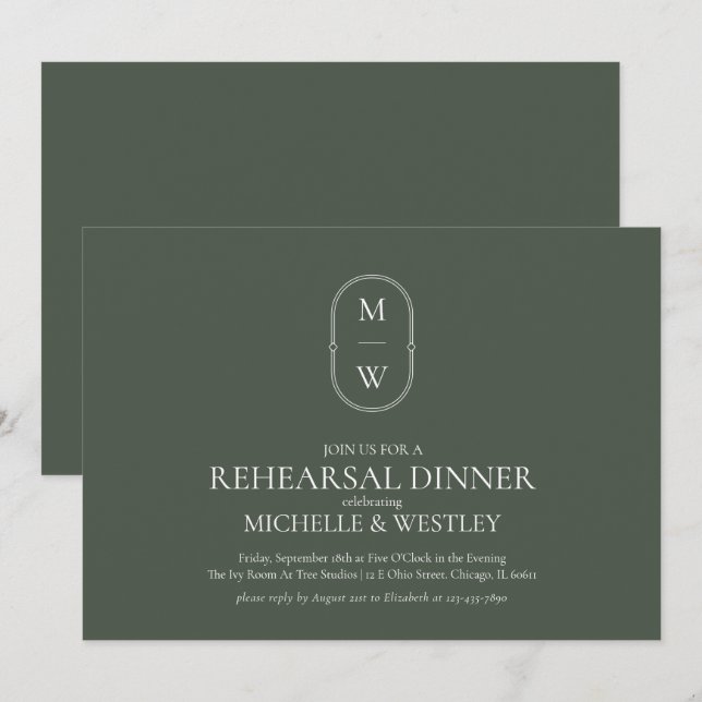Monogram Moss Green Wedding Rehearsal Dinner Invitation (Front/Back)