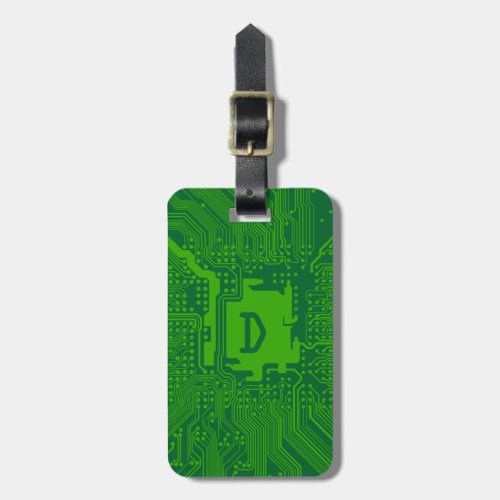 monogram motherboard computer circuit _ dark green luggage tag