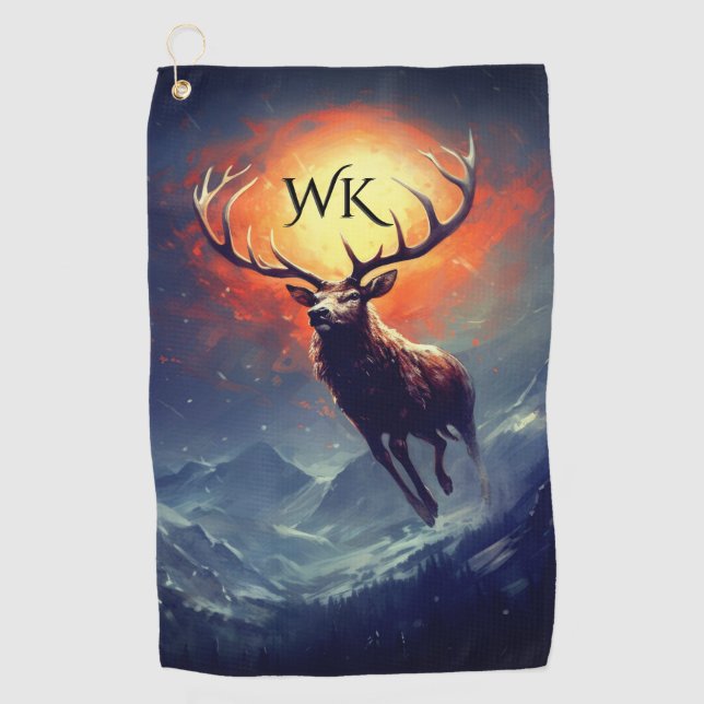 Monogram Mountain Buck Running From Blazing Fire   Golf Towel (Front)