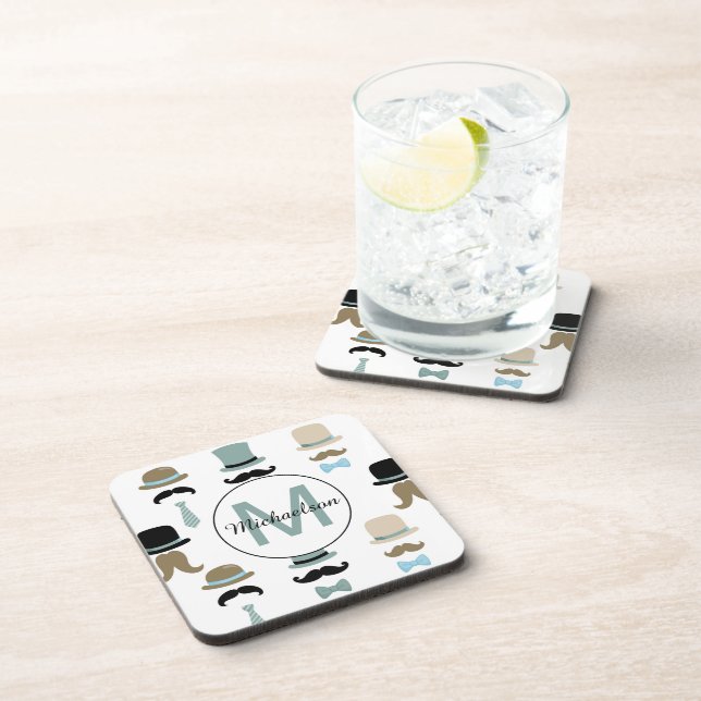 Monogram Moustache and Hat Pattern Beverage Coaster (Right Side)
