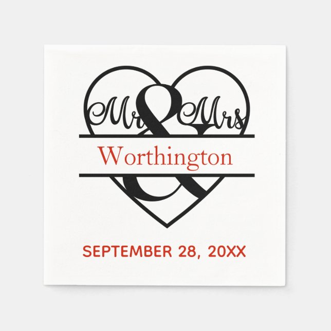 Monogram Mr. and Mrs. Red Black Wedding  Napkins (Front)
