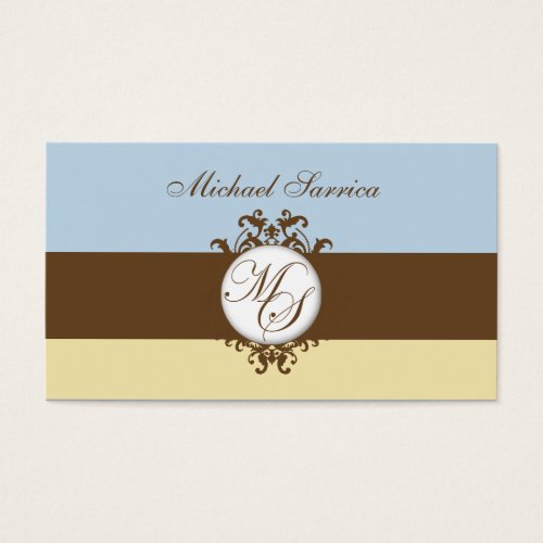 Monogram MS Brown Damask Blue Cream Gift Tag Business Card Template
