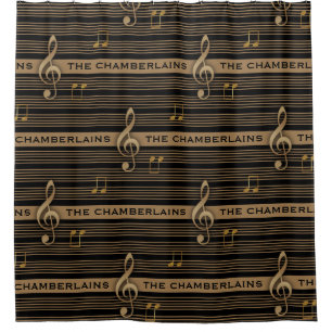 Monogram Muddy Brown Gold Treble Clef and Notes Shower Curtain