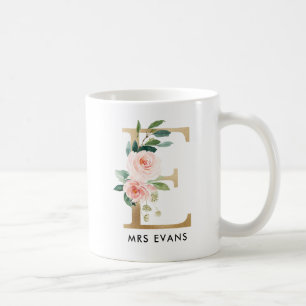Monogram Mug, Floral Monogram E, Custom Gift, Gold Coffee Mug