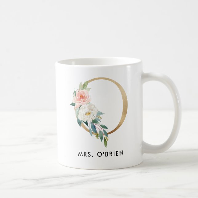 Monogram Mug, Floral Monogram O, Custom Gift, Gold Coffee Mug (Right)