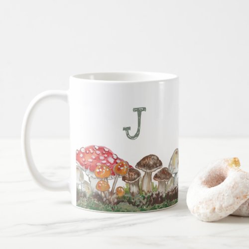 Monogram Mushroom Art Fall Nature Tan Sage Rustic  Coffee Mug