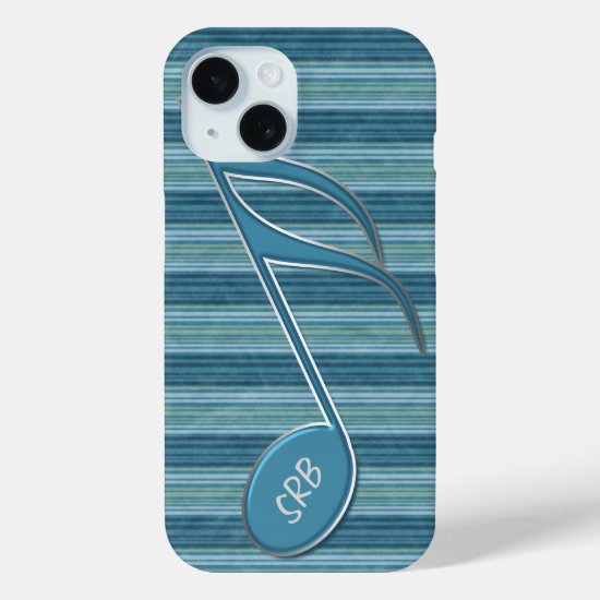 Monogram Music Note and Stripes in Shades of Blue iPhone 15 Case
