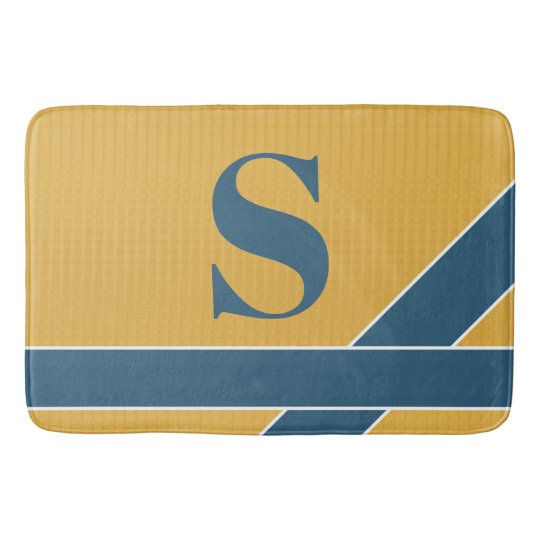 Monogram Mustard Yellow And Navy Blue Striped Bath Mat Zazzle Com