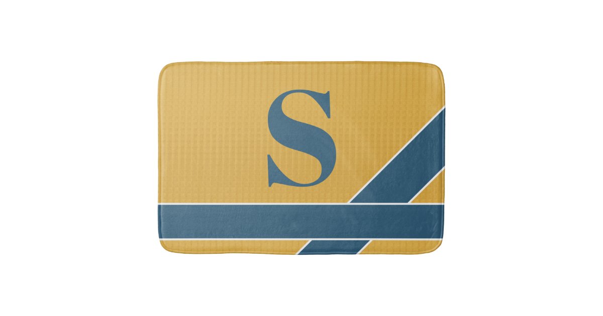 Monogram Mustard Yellow And Navy Blue Striped Bath Mat Zazzle Com