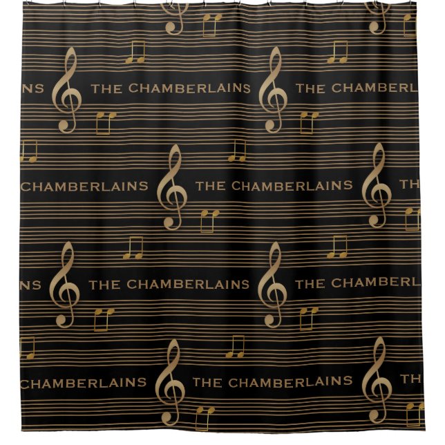 Monogram Muted Gold Treble Clef and Notes Shower Curtain (Front)