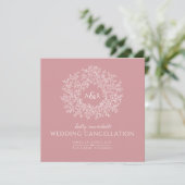 Monogram muted pink leaves wedding cancellation announcement (Standing Front)