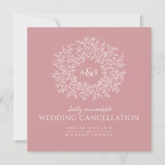 Monogram muted pink leaves wedding cancellation announcement