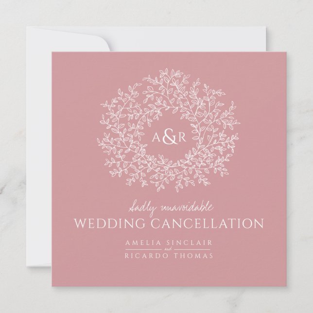 Monogram muted pink leaves wedding cancellation announcement (Front)