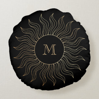 Monogram My Sun and Moon Celestial Gold Black Round Pillow