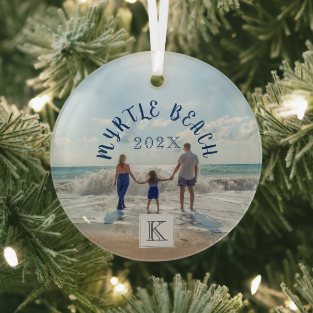 Monogram Myrtle Beach Change to Any Beach Souvenir Glass Ornament (Insitu)