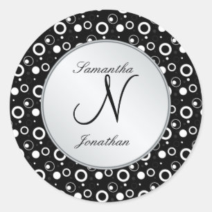 Monogram "N" black white bubbles circles Wedding Classic Round Sticker