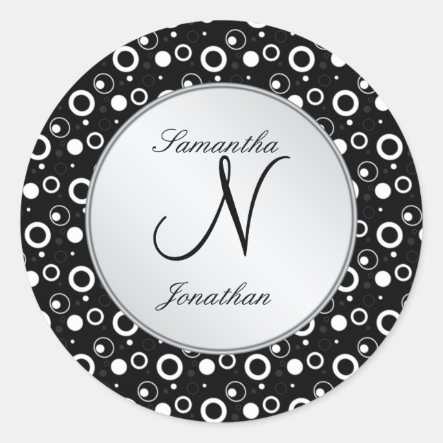 Monogram "N" black white bubbles circles Wedding Classic Round Sticker (Front)
