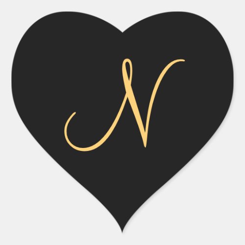 Monogram N  gold colored initial N on black Heart Sticker