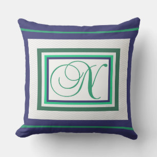 Monogram N Green White Script Outdoor Pillow