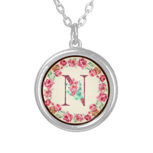 Monogram N Letter with Peony Flower Charm Silver Plated Necklace