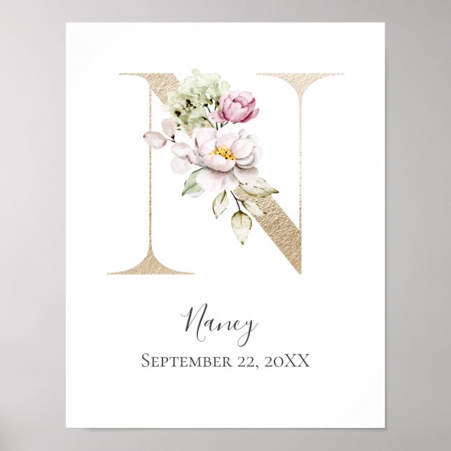 Monogram N Pink White Floral Gold Letter Nursery  Poster (Front)
