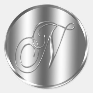 Monogram N Silver Color Wedding Invitation Holiday Classic Round Sticker