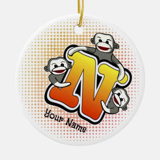 Monogram N Sock Monkey  Ceramic Ornament (Front)