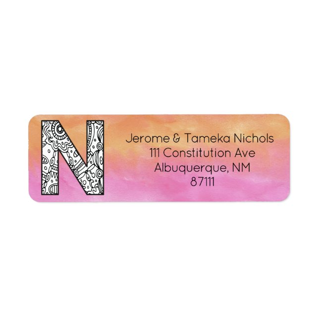 Monogram "N" Tangle Letter Orange Pink Watercolor  Label (Front)