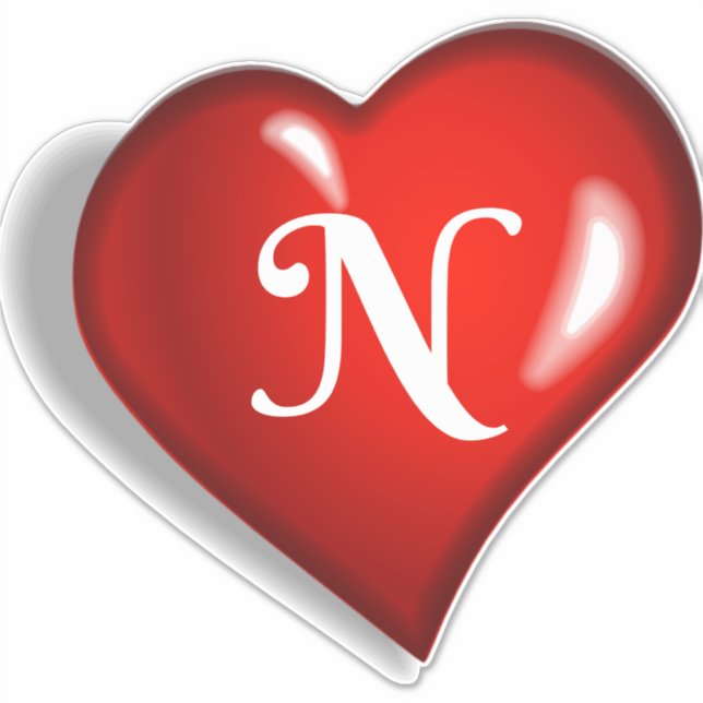 Monogram N, white script on ruby red heart Sticker (Front)