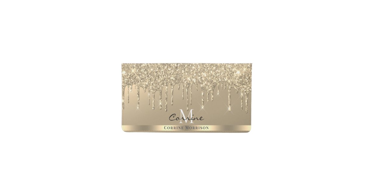 Monogram Name 14k Gold Dripping Glitter Metallic Checkbook Cover