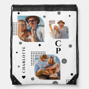 Monogram Name 3 Photo Collage Trendy Drawstring Bag