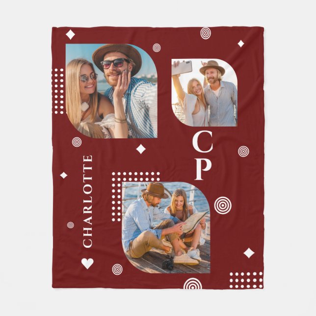 Monogram Name 3 Photo Collage Trendy Fleece Blanket (Front)