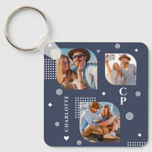 Monogram Name 3 Photo Collage Trendy Keychain