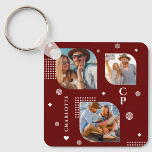 Monogram Name 3 Photo Collage Trendy Keychain
