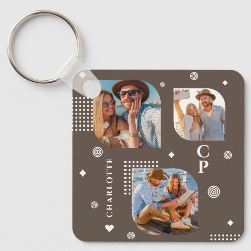 Monogram Name 3 Photo Collage Trendy Keychain