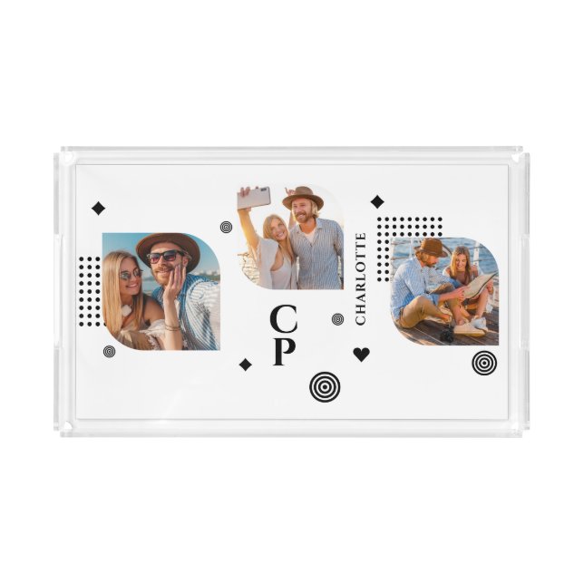 Monogram Name 3 Photo Collage Trendy Modern Acrylic Tray (Front)
