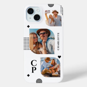Monogram Name 3 Photo Collage Trendy Modern iPhone 15 Plus Case
