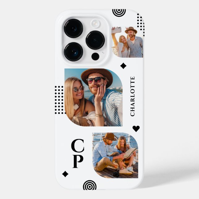 Monogram Name 3 Photo Collage Trendy Modern Case-Mate iPhone Case (Back)