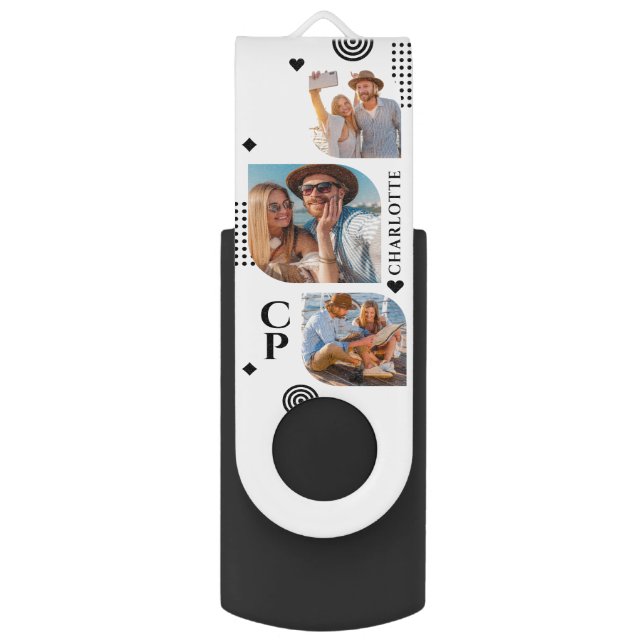 Monogram Name 3 Photo Collage Trendy Modern Flash Drive (Front Vertical)