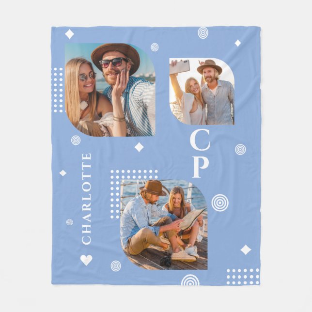 Monogram Name 3 Photo Collage Trendy Modern Fleece Blanket (Front)