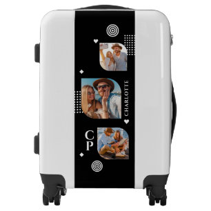 Monogram Name 3 Photo Collage Trendy Modern Luggage