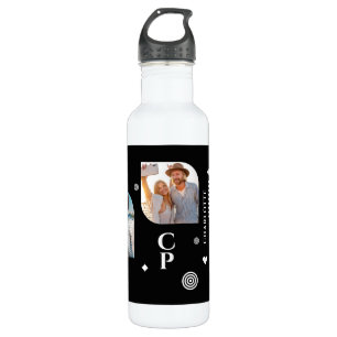 Monogram Name 3 Photo Collage Trendy Modern Stainless Steel Water Bottle