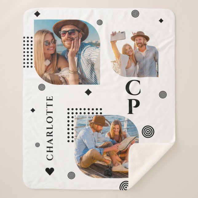 Monogram Name 3 Photo Collage Trendy Sherpa Blanket (Front)