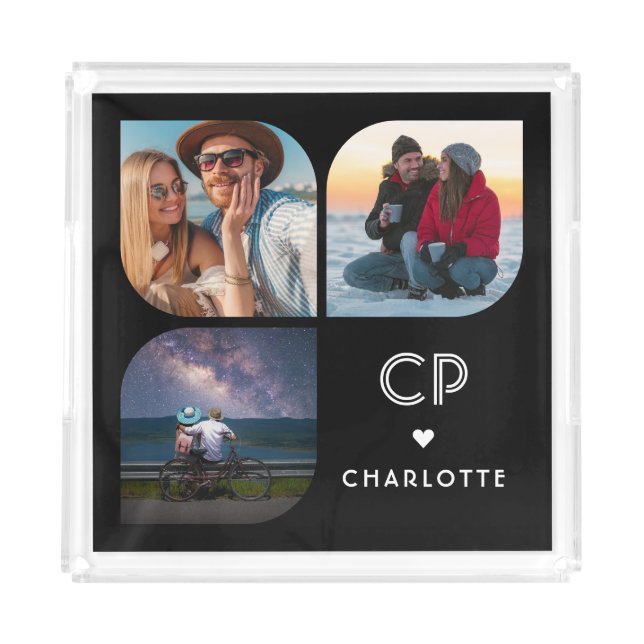 Monogram Name 3 Photo Modern Trendy Simple Acrylic Tray (Front)